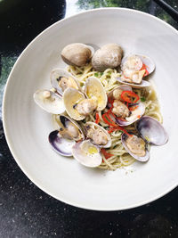 High angle view of seafood in plate on table