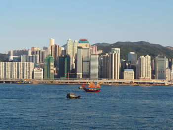 Scenic view of sea by city against clear sky