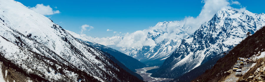 Panoramic view of snowcapped mountains against sky