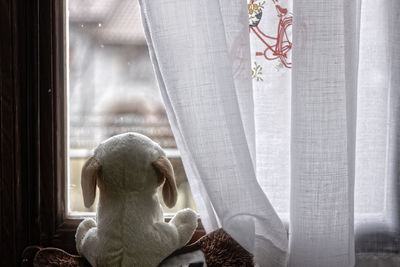 Woman looking through window