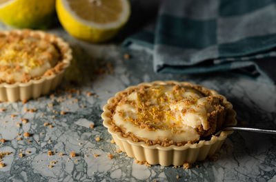 Close-up of lemon tart dessert on table