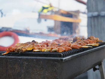 Close-up of barbecue in back yard