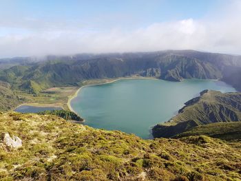 Scenic view of lake and mountains against sky