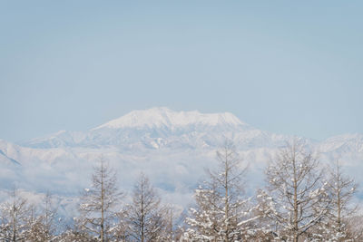 Scenic view of snowcapped mountains against clear sky