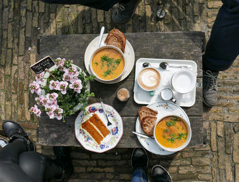 High angle view, directly above, table, foods, soup, cake, brunch, overhead.