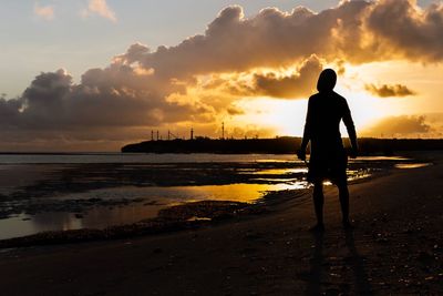 Rear view of silhouette man on beach against sky during sunset