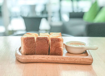 Close-up of dessert in tray on table
