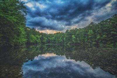 Scenic view of lake against cloudy sky