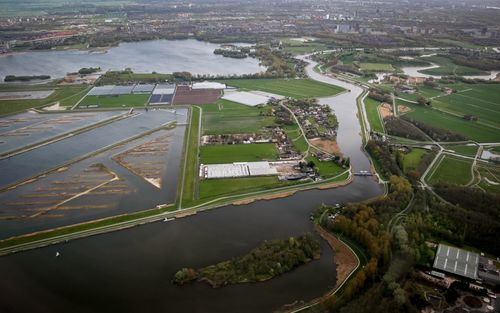 High angle view of river amidst agricultural landscape