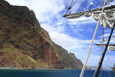 Scenic view of sea and mountains against sky