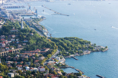 High angle view of city by sea
