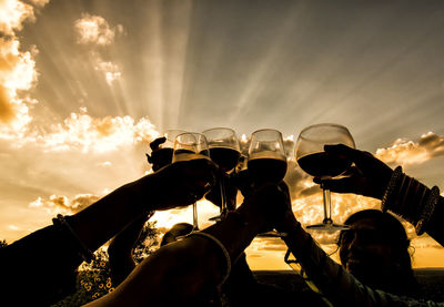 People toasting drinks against sky during sunset