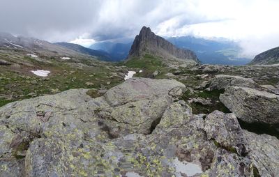 Scenic view of mountains against cloudy sky