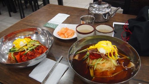 Close-up of food served on table