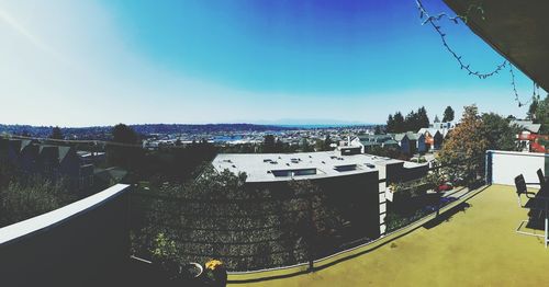 Cityscape against clear blue sky