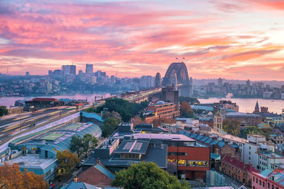 High angle view of city buildings during sunset