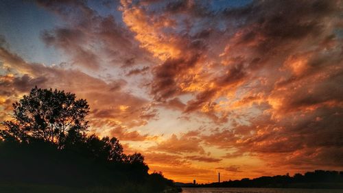 Low angle view of silhouette trees against dramatic sky