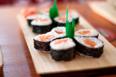 Close-up of sushi served on table