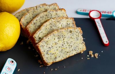 Close-up of slices of lemon poppyseed load