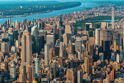 High angle view of modern buildings in city