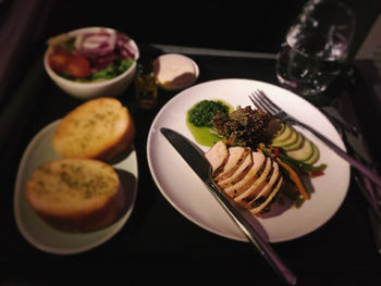 High angle view of food served on table