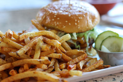 Close-up of burger on plate