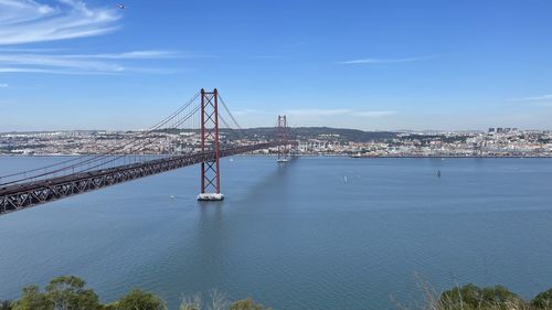 View of suspension bridge over river