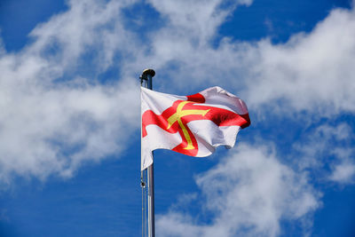 Low angle view of flag against sky