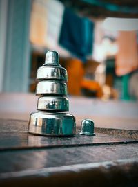 Close-up of old stack on table