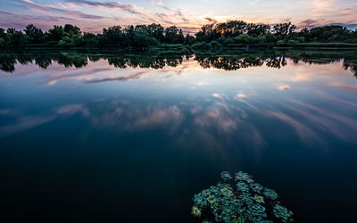 Scenic view of lake against sky at sunset