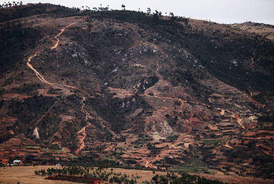 Scenic view of land and mountains against sky