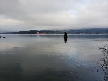 Rear view of person on lake against sky