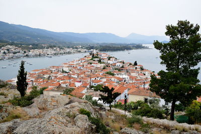 High angle view of townscape and buildings against sky