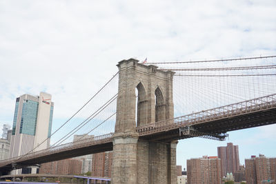 Low angle view of suspension bridge against cloudy sky
