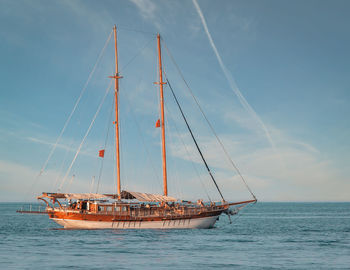 Sailboat sailing on sea against sky