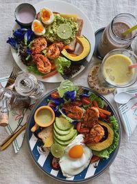 High angle view of breakfast served on table