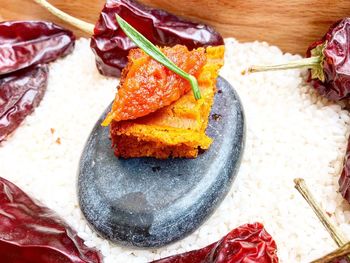 High angle view of dessert in plate on table