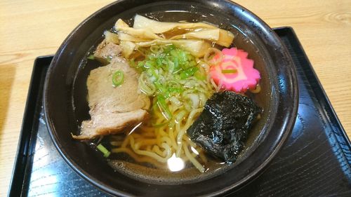 High angle view of soup in bowl on table