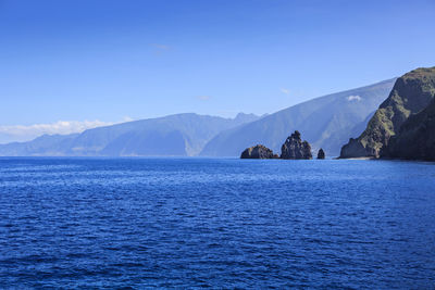 Scenic view of sea and mountains against blue sky