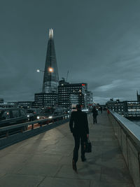 Rear view of people walking on illuminated building against sky