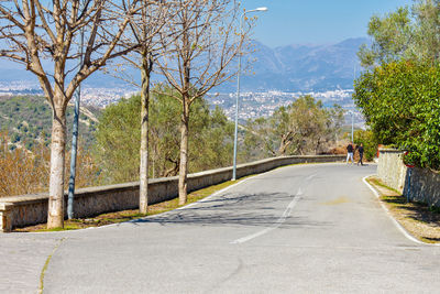 Road by trees in city against sky