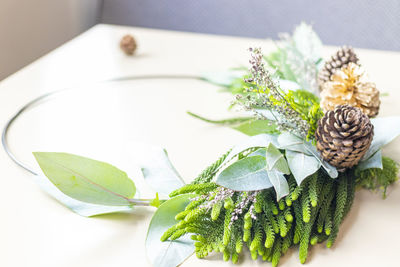 High angle view of leaves on table