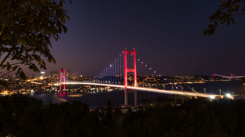 Illuminated bridge over river with city in background