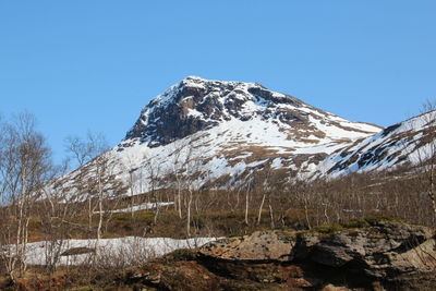 Scenic view of snow covered mountains against clear sky