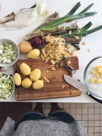 High angle view of chopped fruits on cutting board