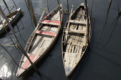 High angle view of boats moored in sea