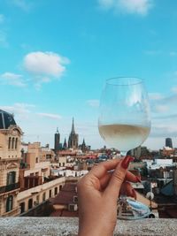 Cropped image of woman holding wineglass with cityscape in background