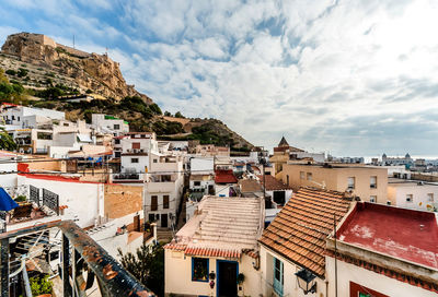 View of cityscape against cloudy sky