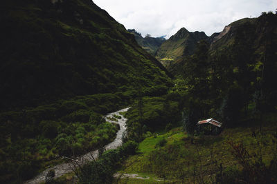 Stream flowing amidst green mountains