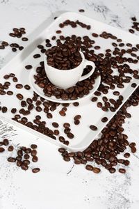 High angle view of coffee beans on table